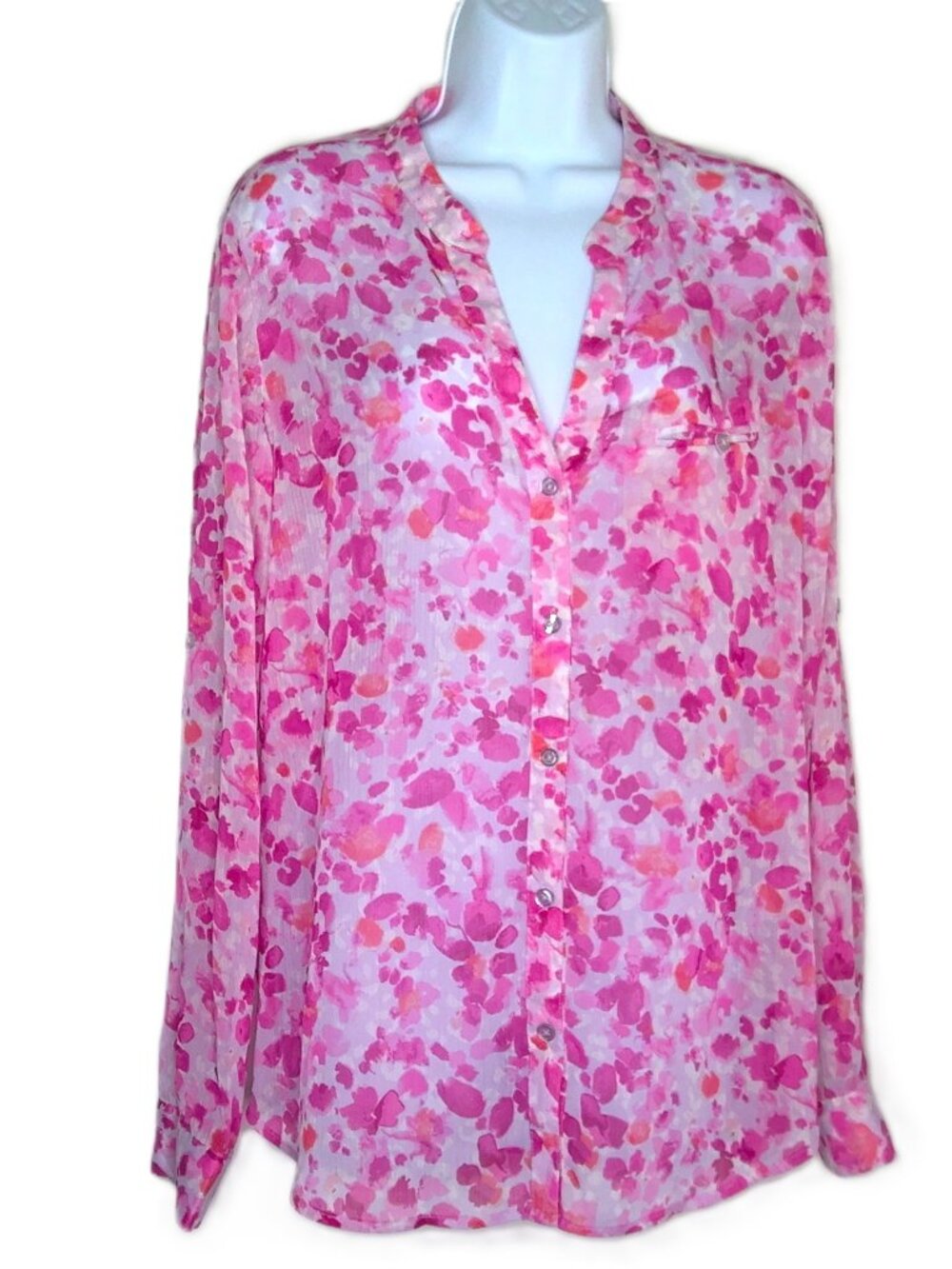 Kut from the Kloth Pink Watercolor Floral Top SemiSheer Roll Tab Blouse Flowy L